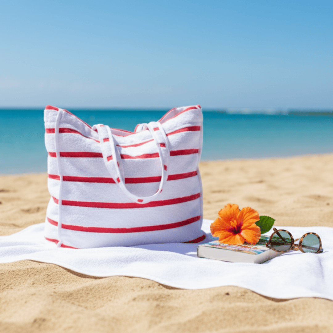 Striped terry beach tote bag for luxury resorts and hospitality beach amenities