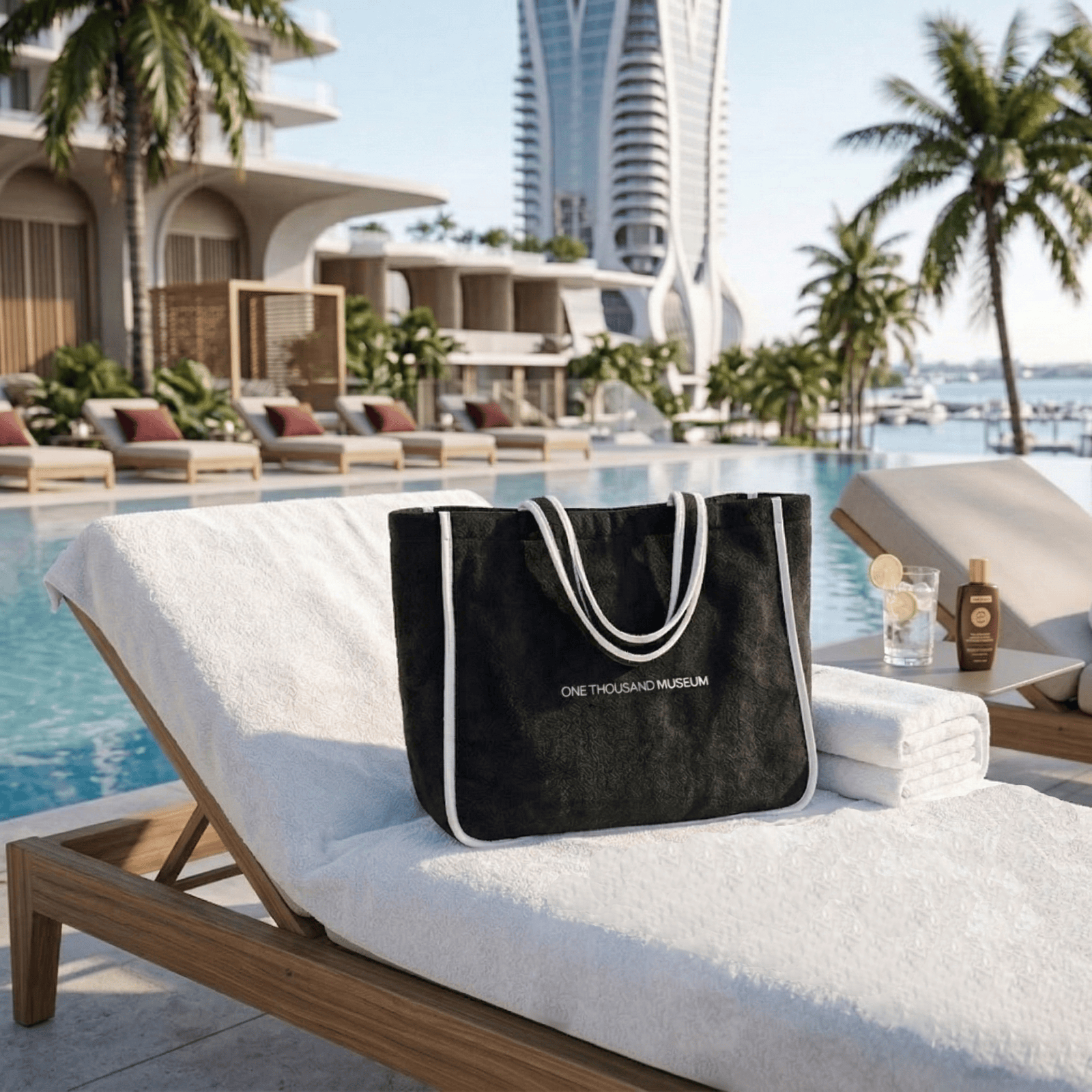 Custom terry pool bag for luxury resorts, beach clubs, and hotel poolside amenities