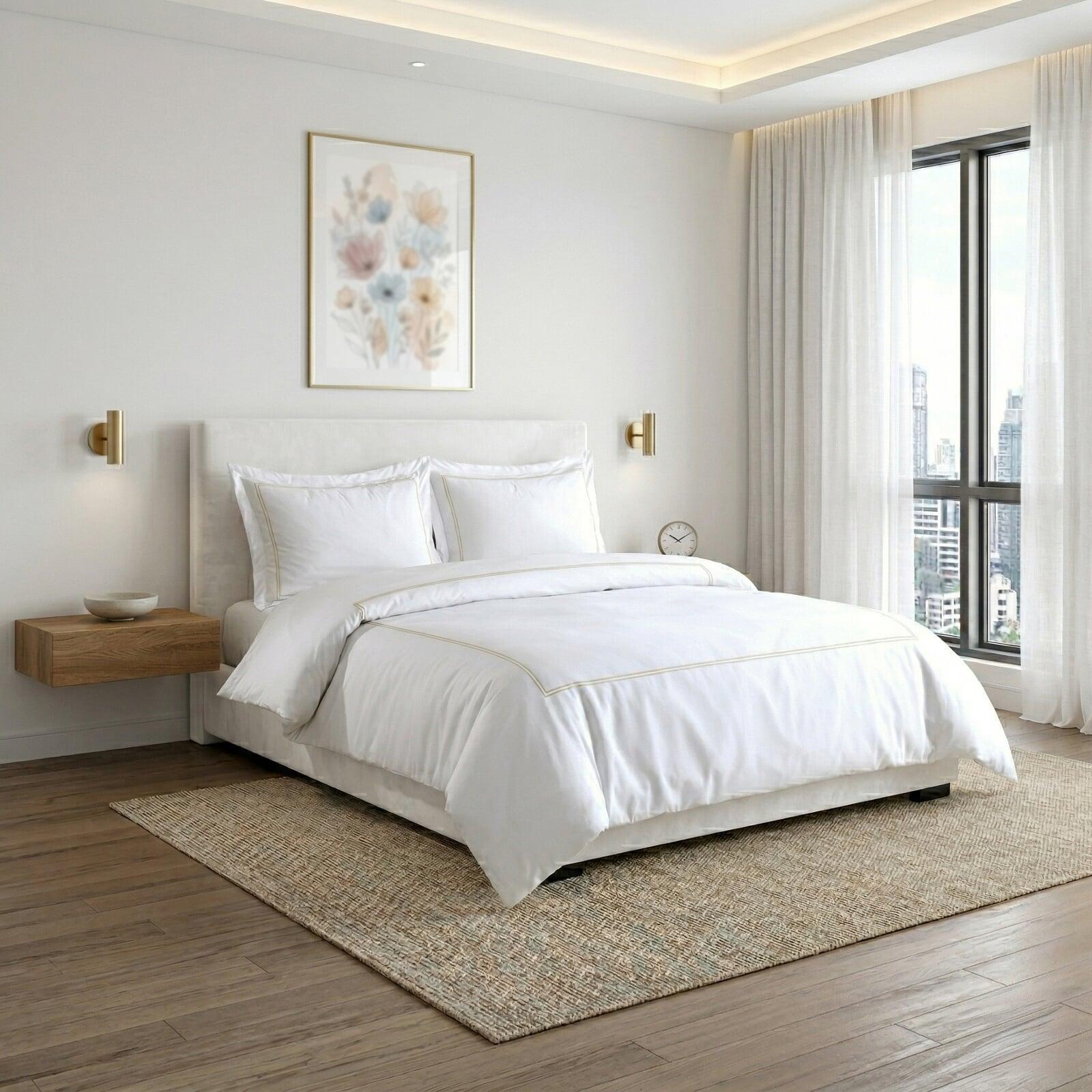 Luxury hotel bedding set with gold stripe embroidery for hospitality and resort bedrooms