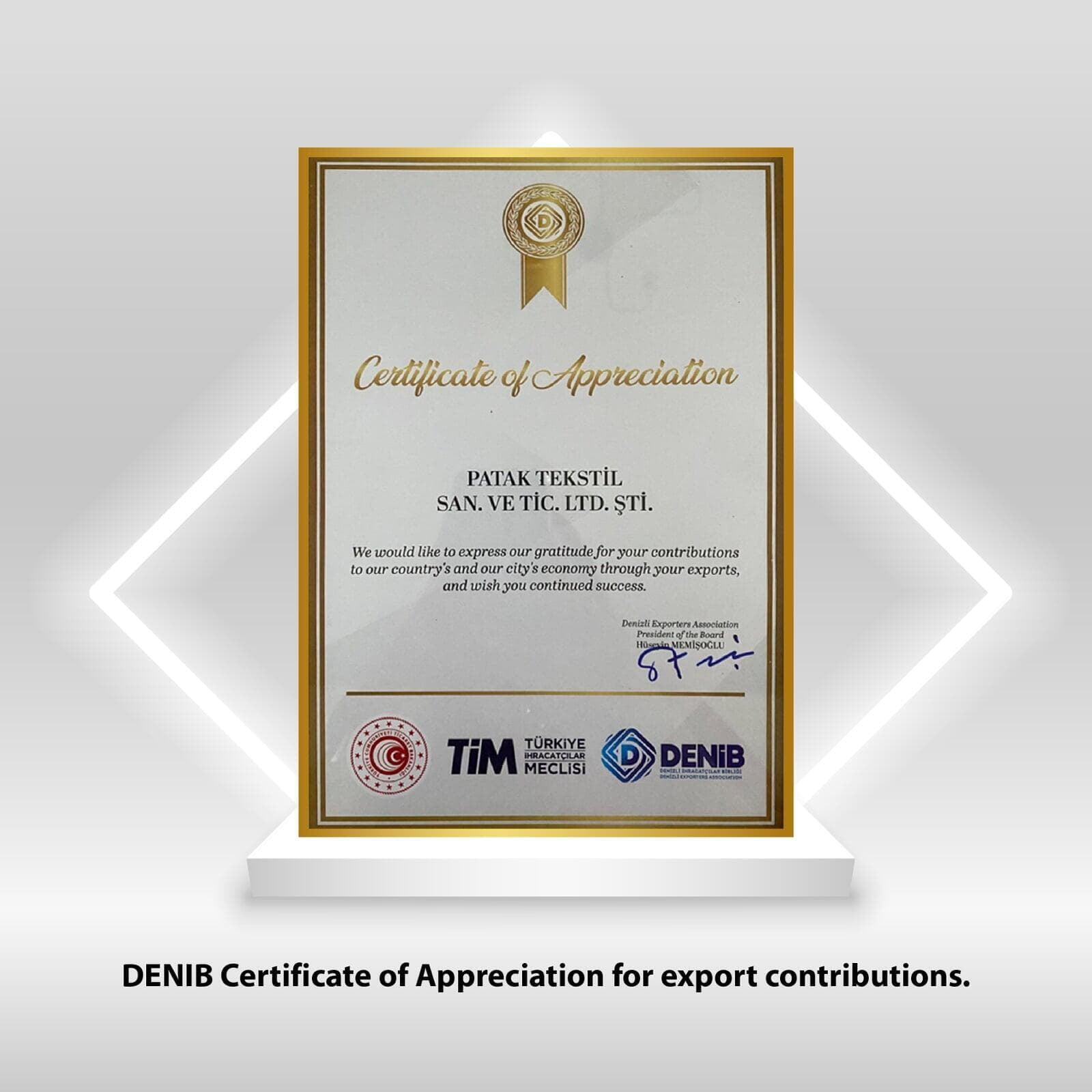 DENIB Certificate of Appreciation for export contributions 2024